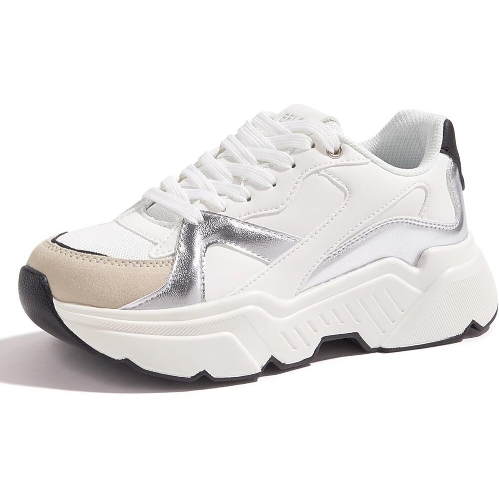 ⚡Women's Silver White Platform Chunky Sneakers Fashion Sneakers Casual Lace Up